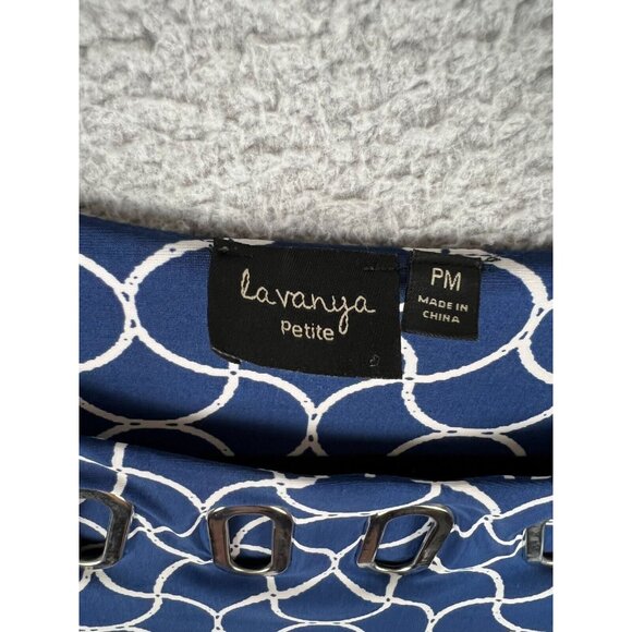 La Vanya Womens Blouse Metal Cut Out Collar 3/4 Sleeves Blue/White Petite PM - Picture 2 of 9